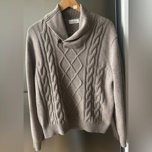 Aqua Merino Wool Blend Cable Knit Sweater Taupe Shawl Collar Toggle